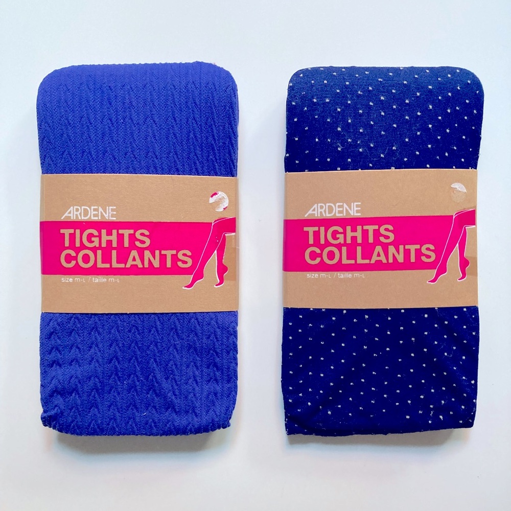 NWTS Ardene Set of 2 Blue Nylons Navy Leggings Polka Dots Tights Size M/L